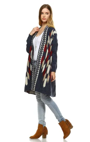 Long Aztec Cardigan Tribal Sweater Border Diamond Navy