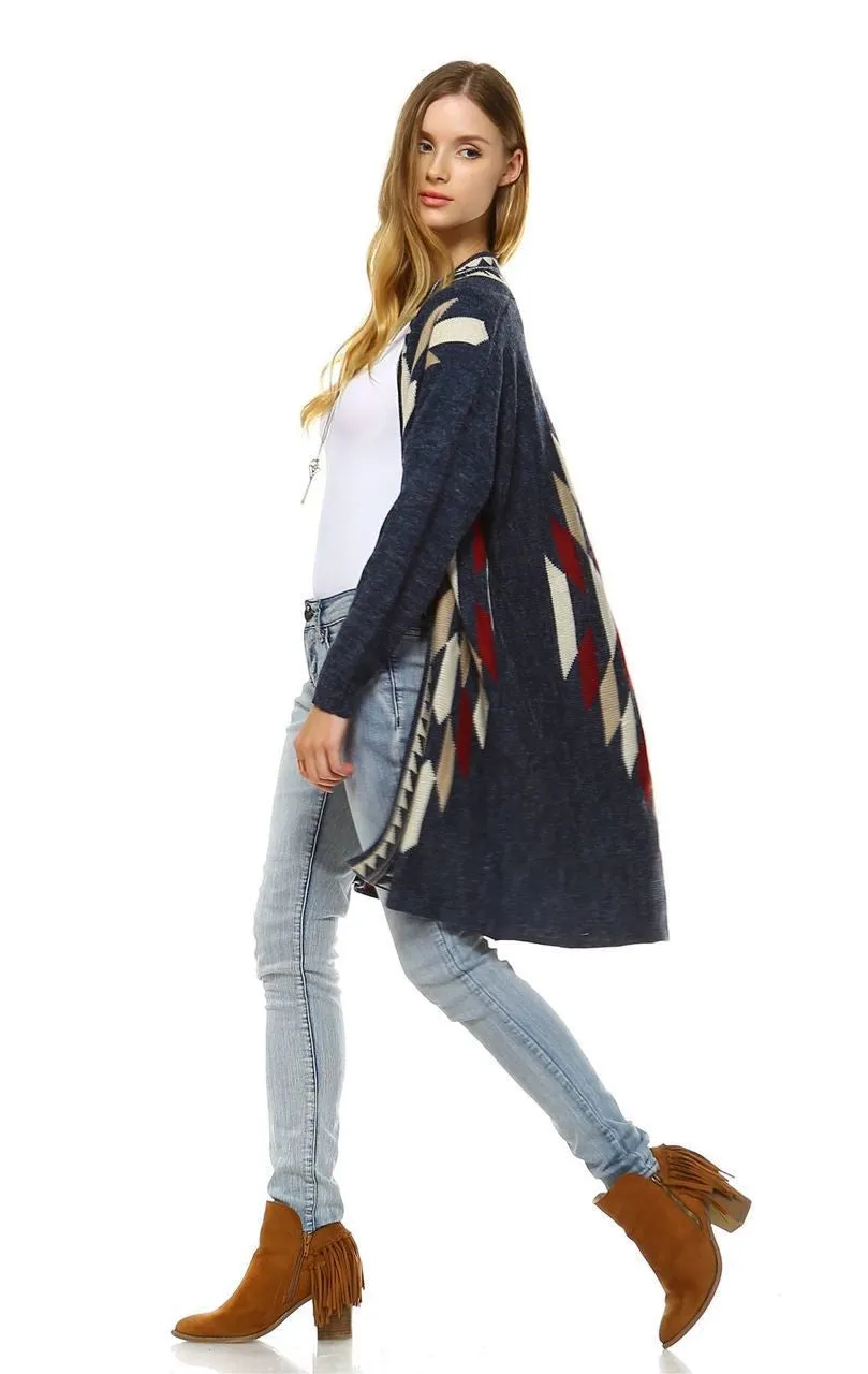 Long Aztec Cardigan Tribal Sweater Border Diamond Navy