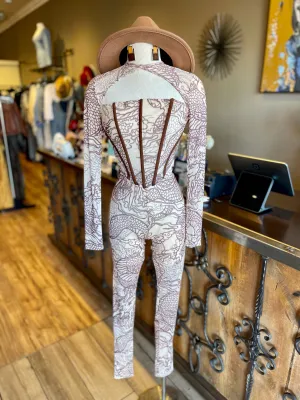 Long Sleeve Bustier Mesh Pants Set