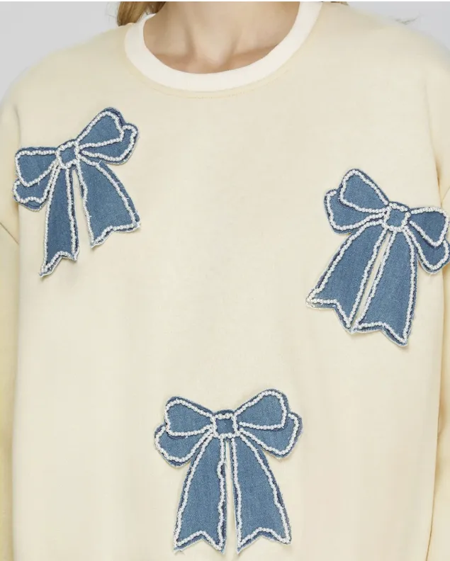 Long Sleeve Sweatshirt with Denim Bow Patches