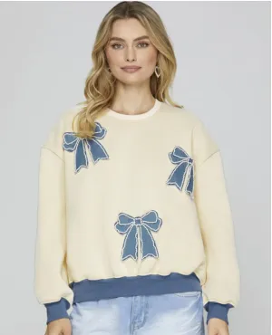 Long Sleeve Sweatshirt with Denim Bow Patches