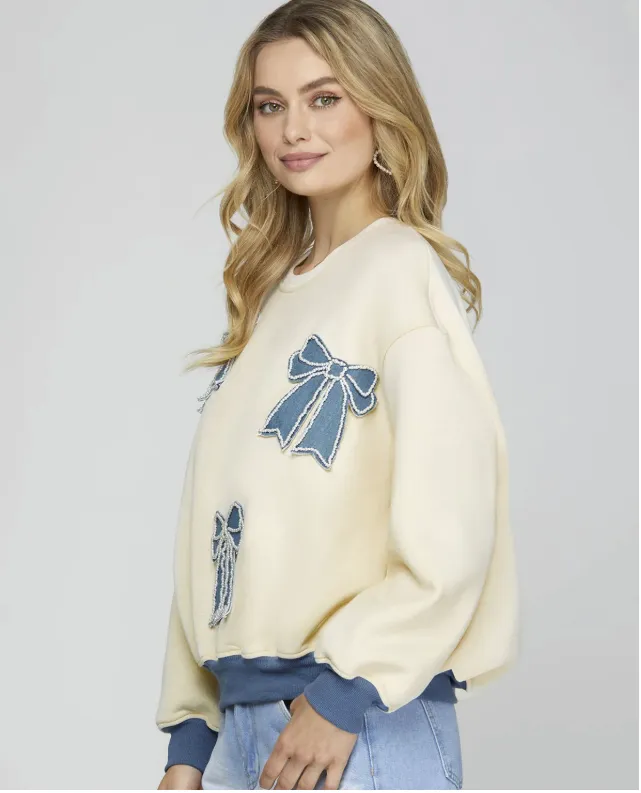 Long Sleeve Sweatshirt with Denim Bow Patches