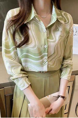 Long Sleeve Turn Down Collar Green Office Blouse Shirts