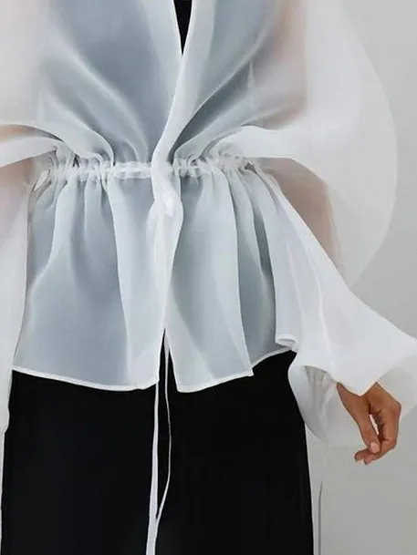 Long Sleeves Loose Drawstring See-Through Transparent Blouses&Shirts Tops