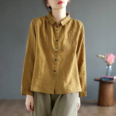 Loose Embroidered Colorful Button Linen Shirts for Women