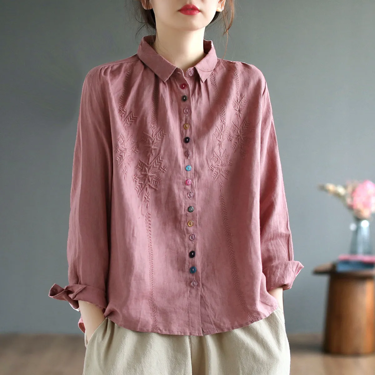 Loose Embroidered Colorful Button Linen Shirts for Women