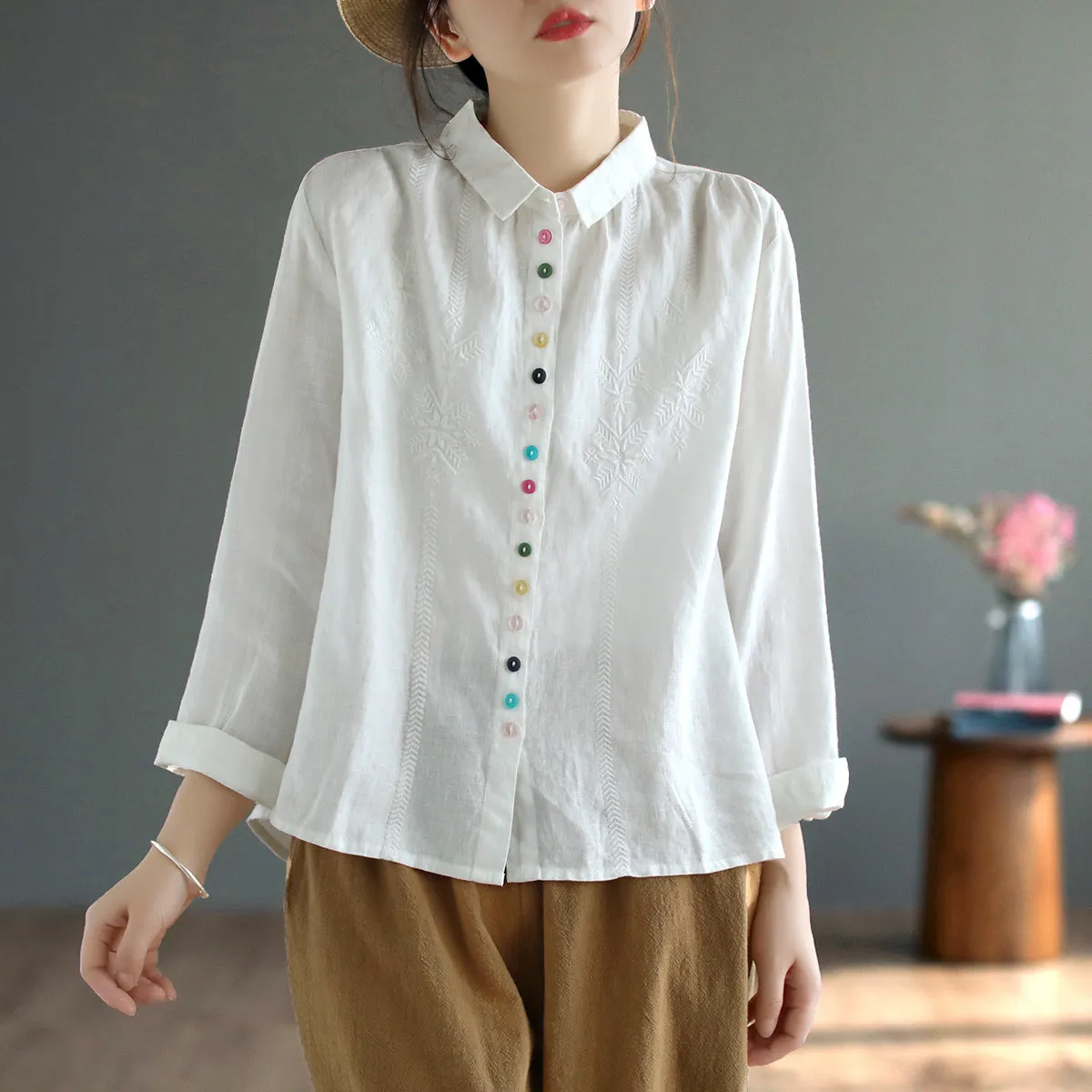 Loose Embroidered Colorful Button Linen Shirts for Women