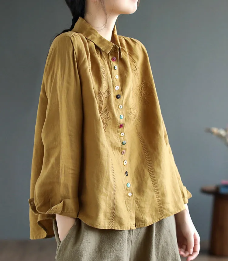 Loose Embroidered Colorful Button Linen Shirts for Women
