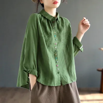 Loose Embroidered Colorful Button Linen Shirts for Women