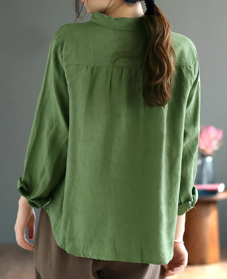 Loose Embroidered Colorful Button Linen Shirts for Women