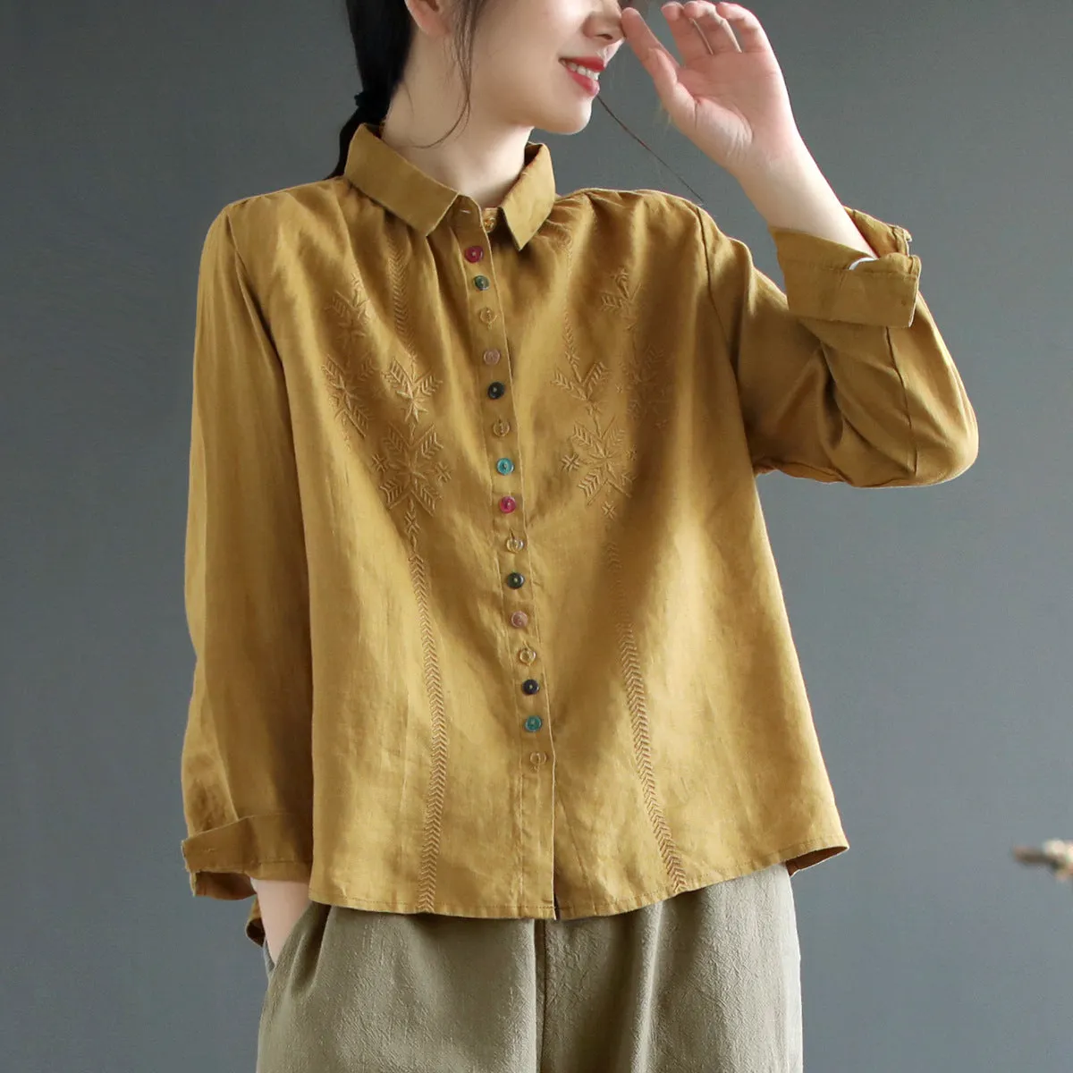 Loose Embroidered Colorful Button Linen Shirts for Women