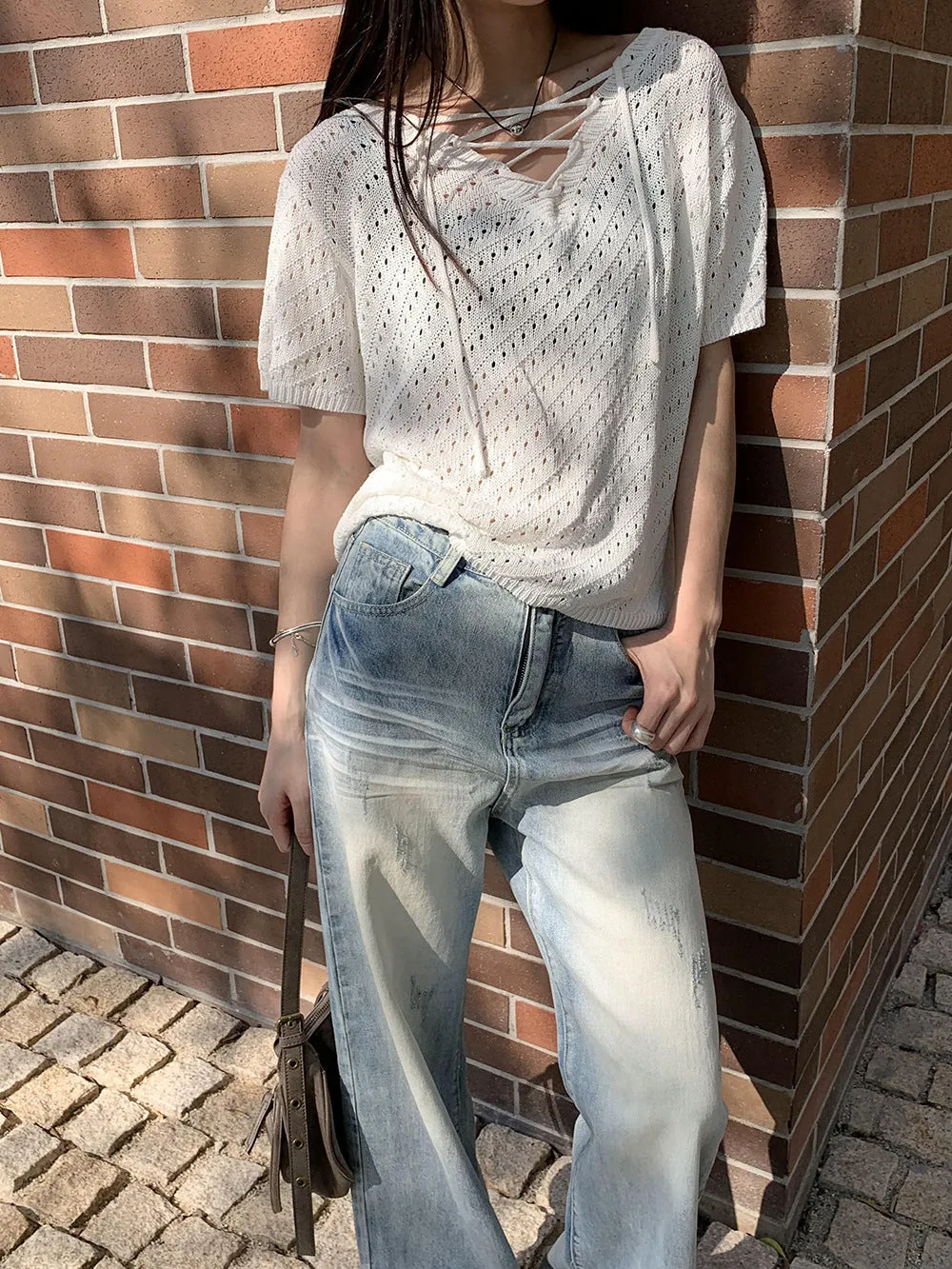 loose lace-up hollow short-sleeve sweater