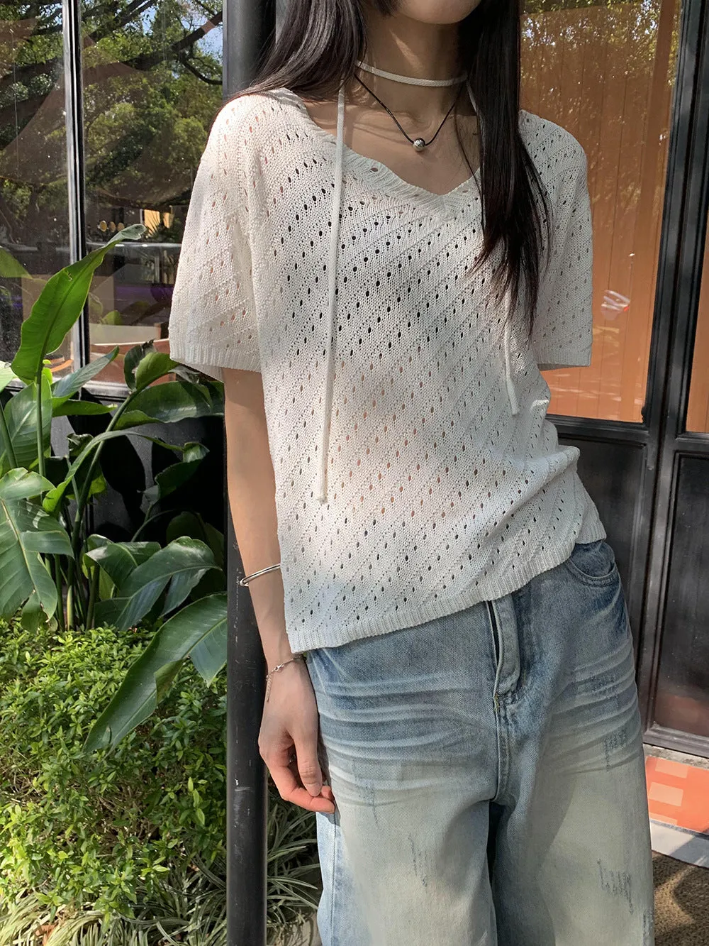 loose lace-up hollow short-sleeve sweater