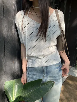 loose lace-up hollow short-sleeve sweater