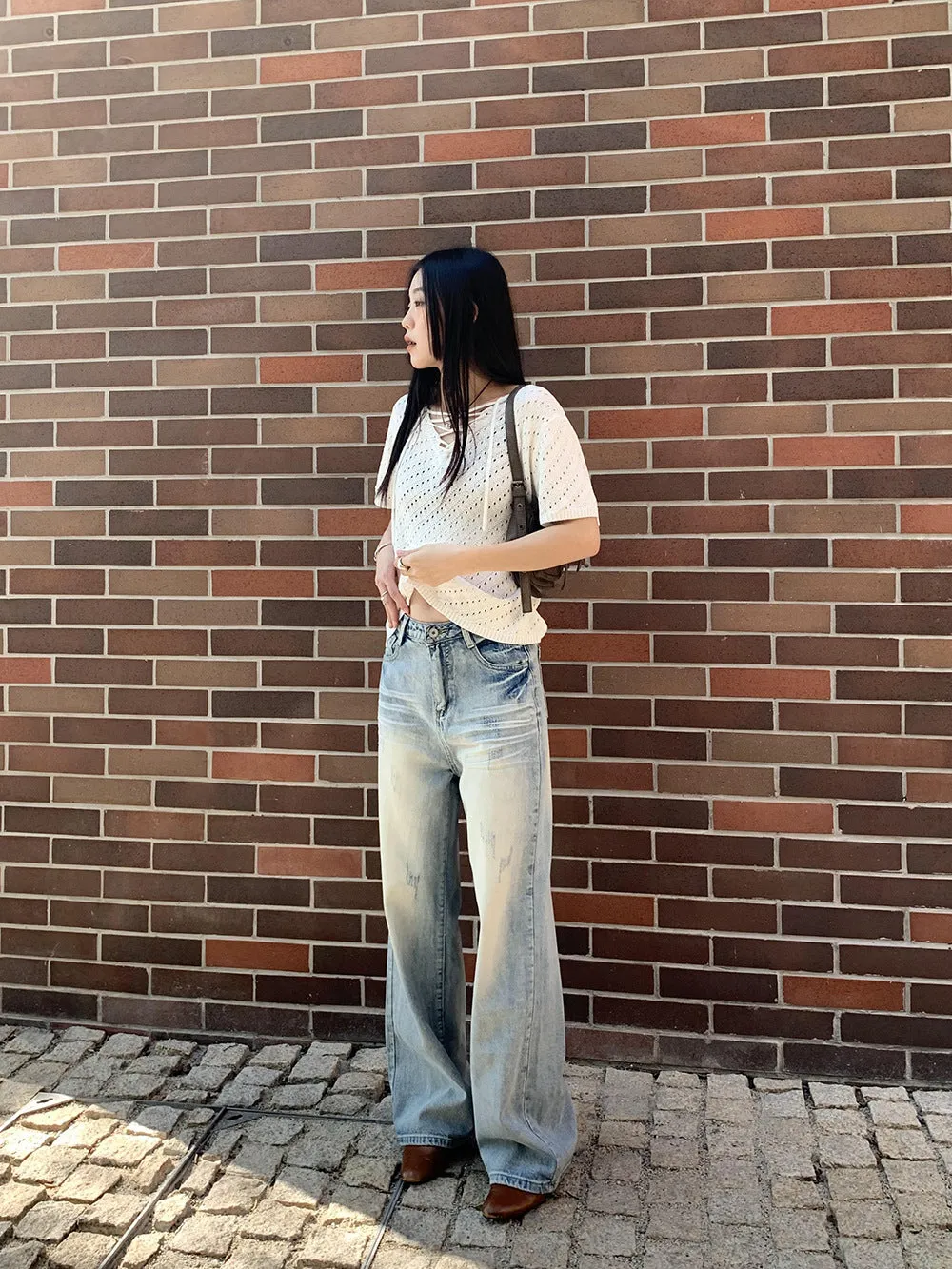 loose lace-up hollow short-sleeve sweater