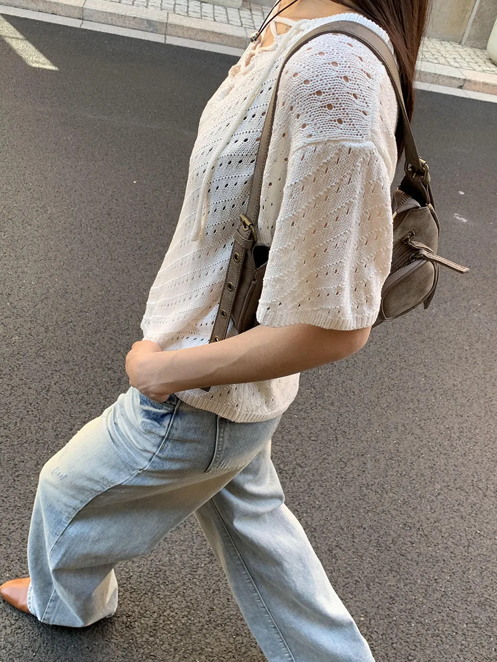 loose lace-up hollow short-sleeve sweater
