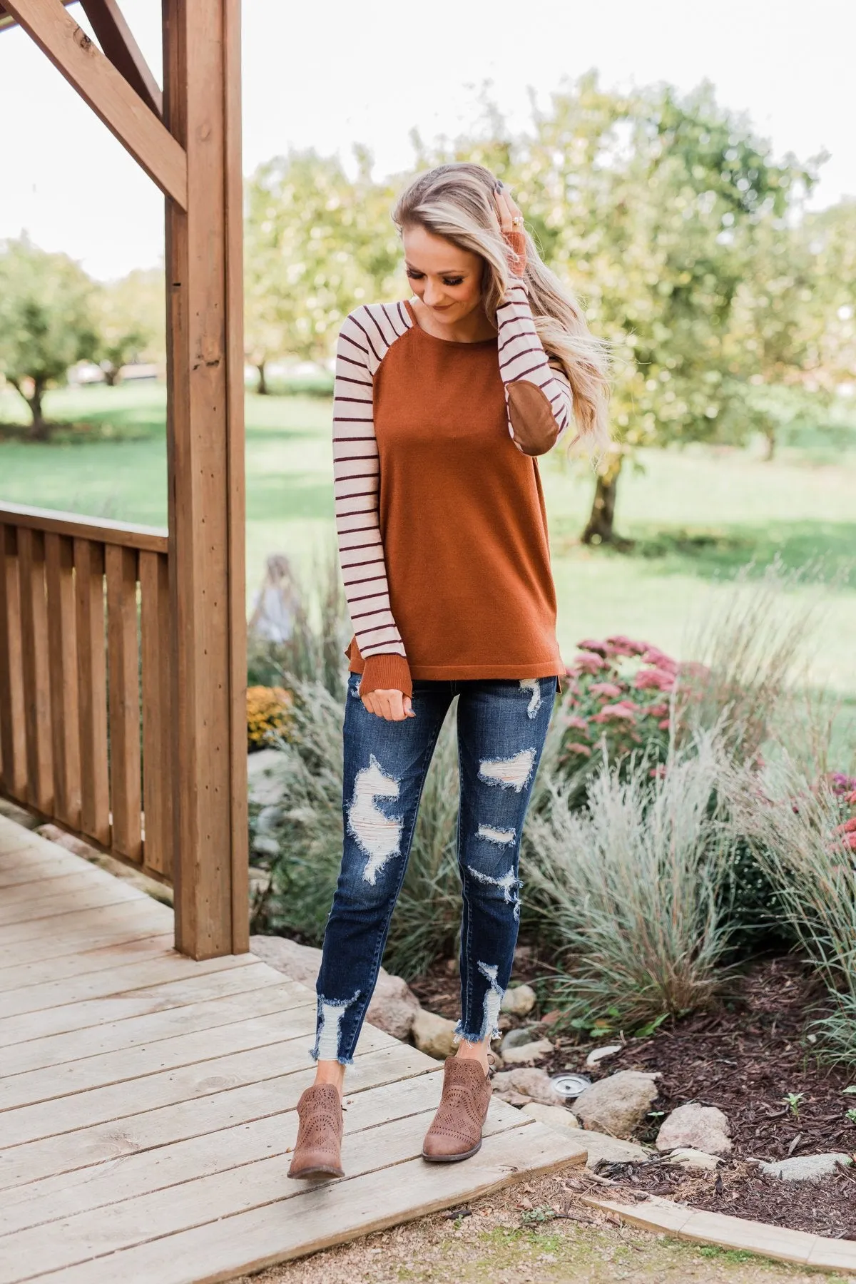 Loving Life Striped Sweater- Copper & Oatmeal
