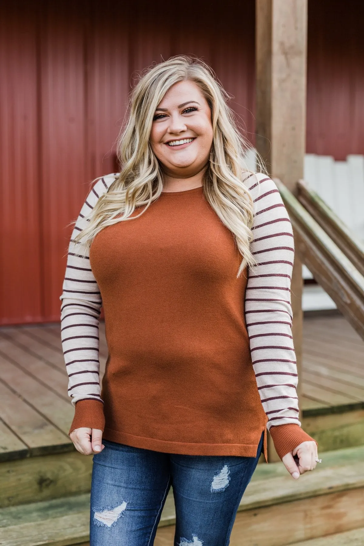 Loving Life Striped Sweater- Copper & Oatmeal