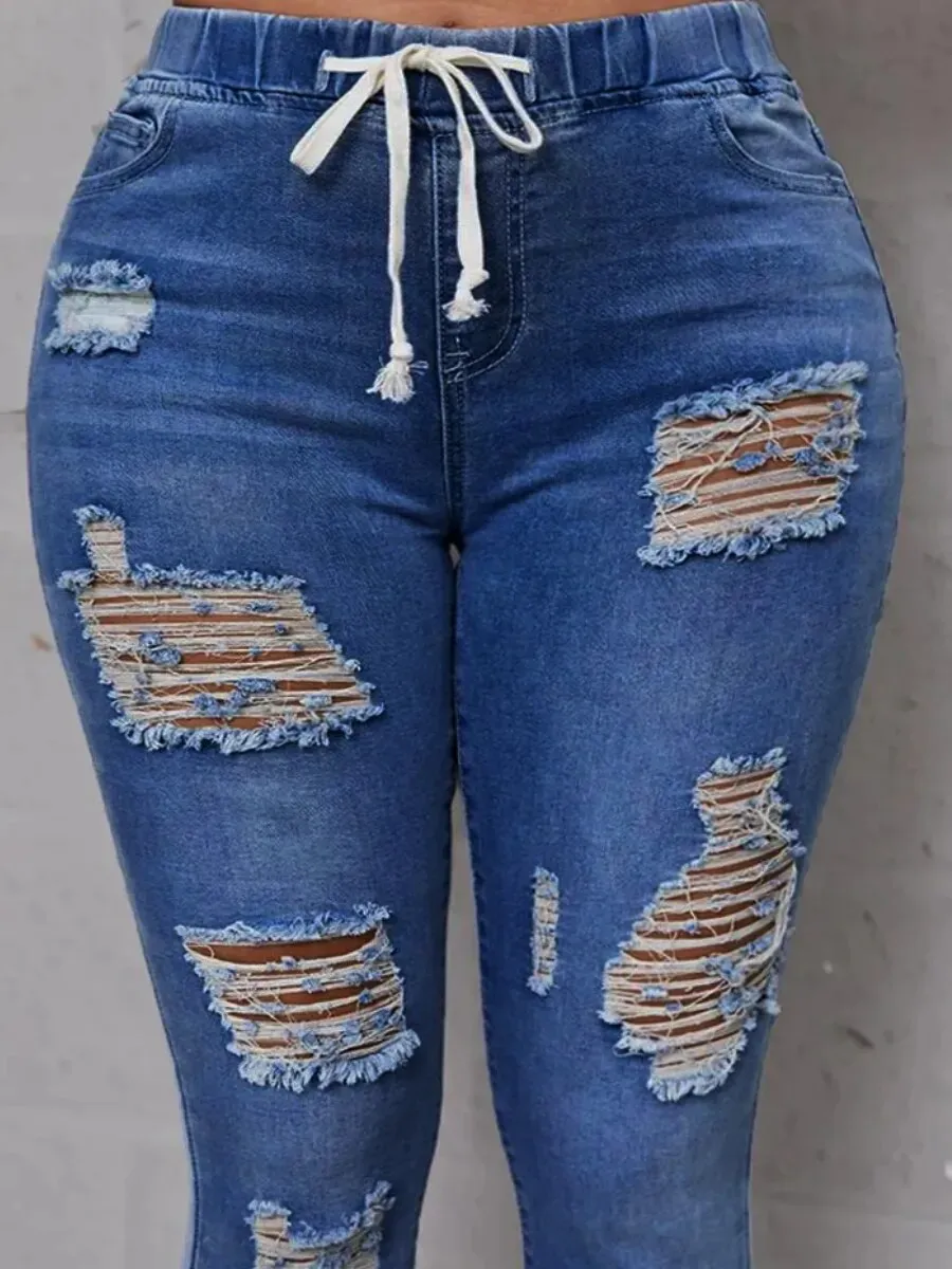 LW Plus Size Jeans High-Waist High Stretchy Ripped Distressed Jeans Classic Elastic Waist Solid cut hole women's Pants