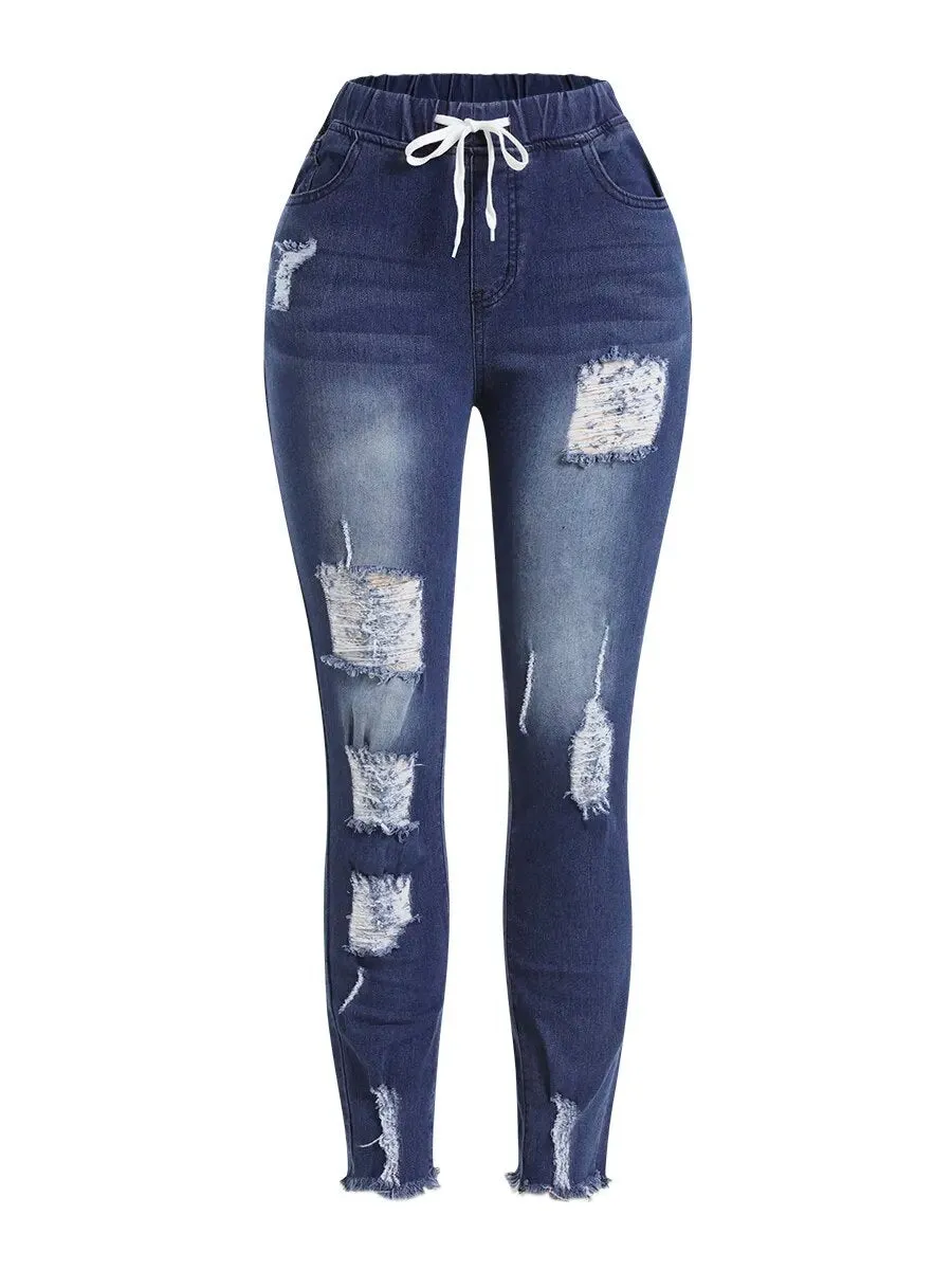LW Plus Size Jeans High-Waist High Stretchy Ripped Distressed Jeans Classic Elastic Waist Solid cut hole women's Pants