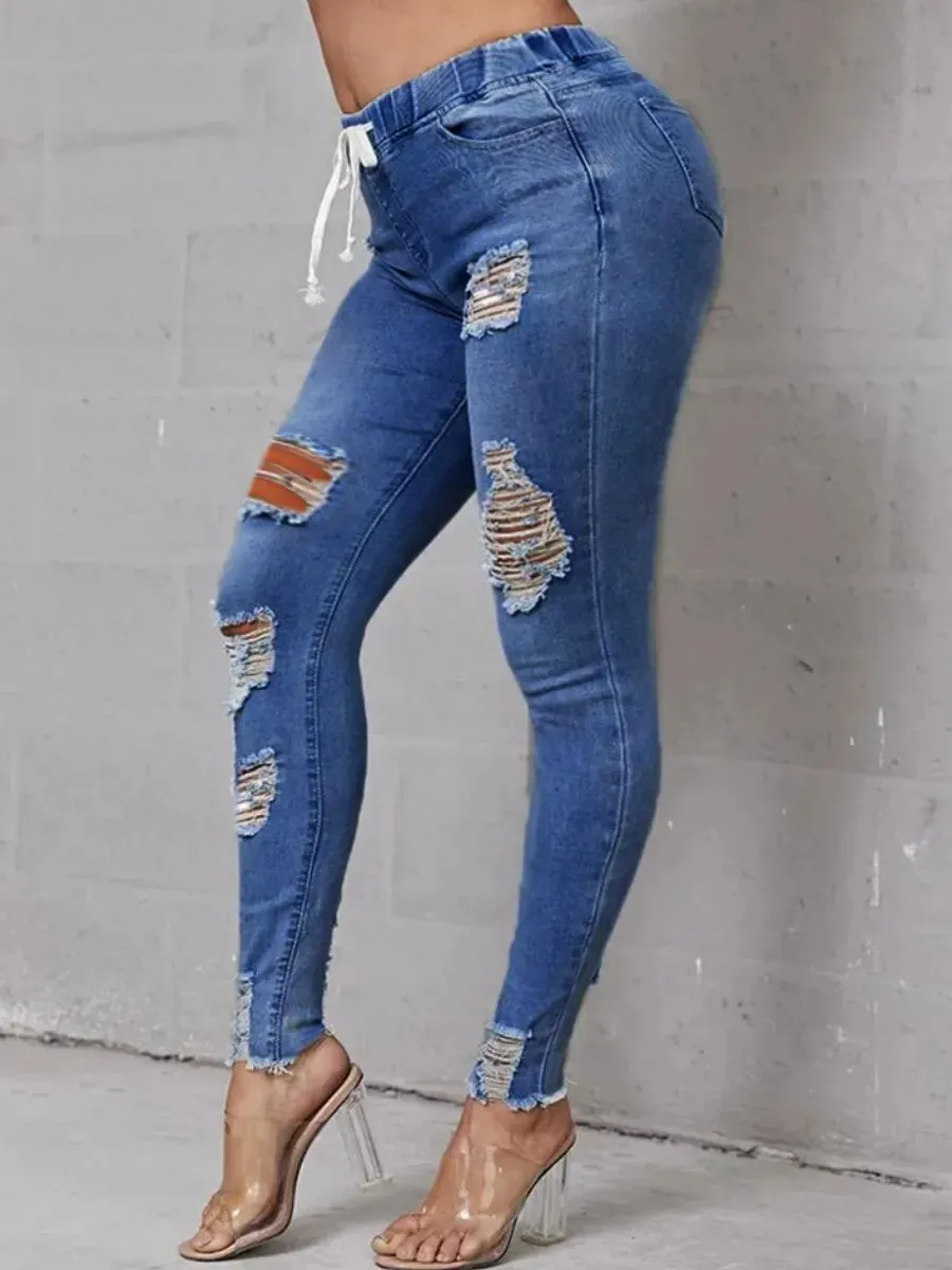 LW Plus Size Jeans High-Waist High Stretchy Ripped Distressed Jeans Classic Elastic Waist Solid cut hole women's Pants