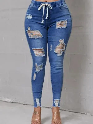 LW Plus Size Jeans High-Waist High Stretchy Ripped Distressed Jeans Classic Elastic Waist Solid cut hole women's Pants