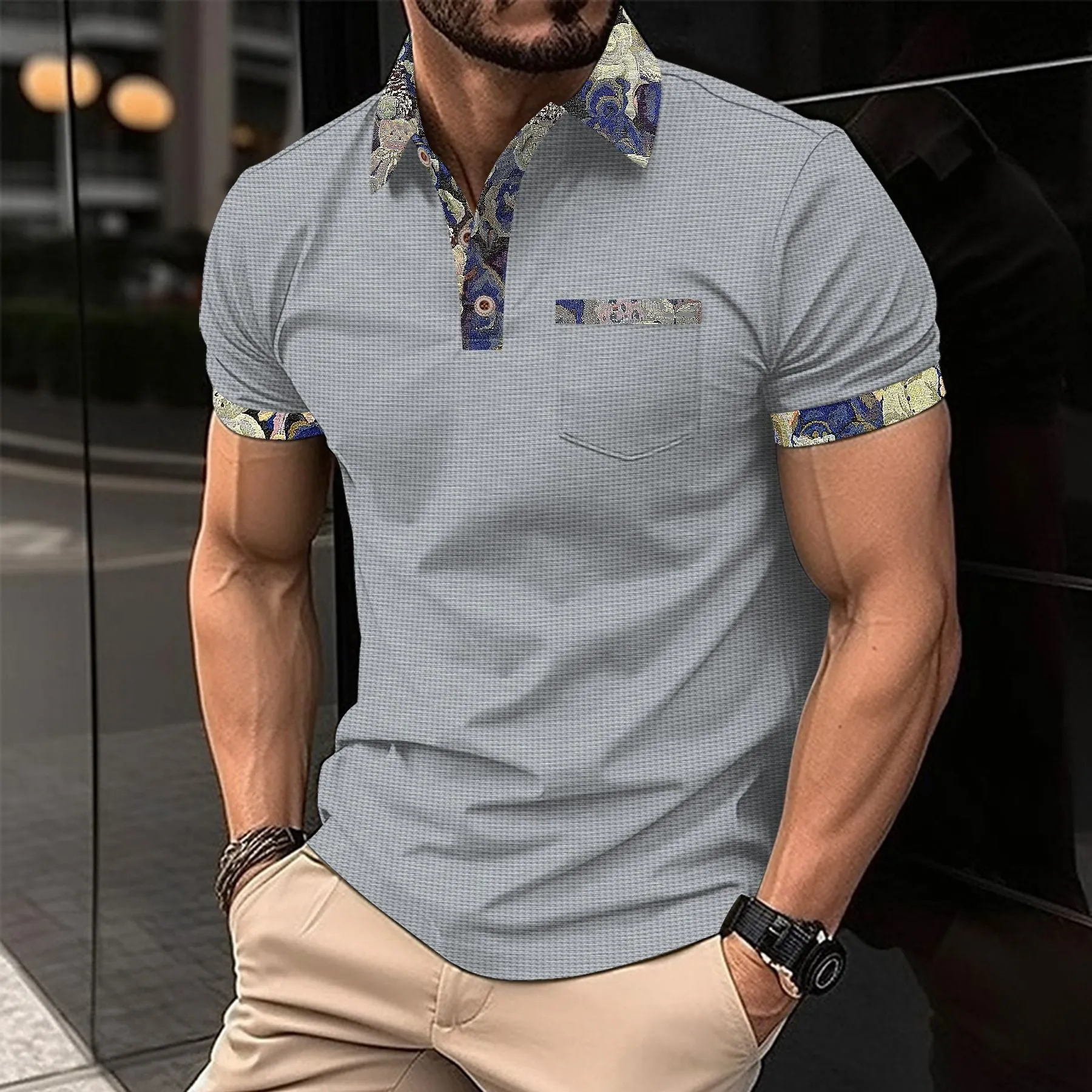 Men's Color Block Waffle Knit Pocket Short Sleeve Polo Shirt