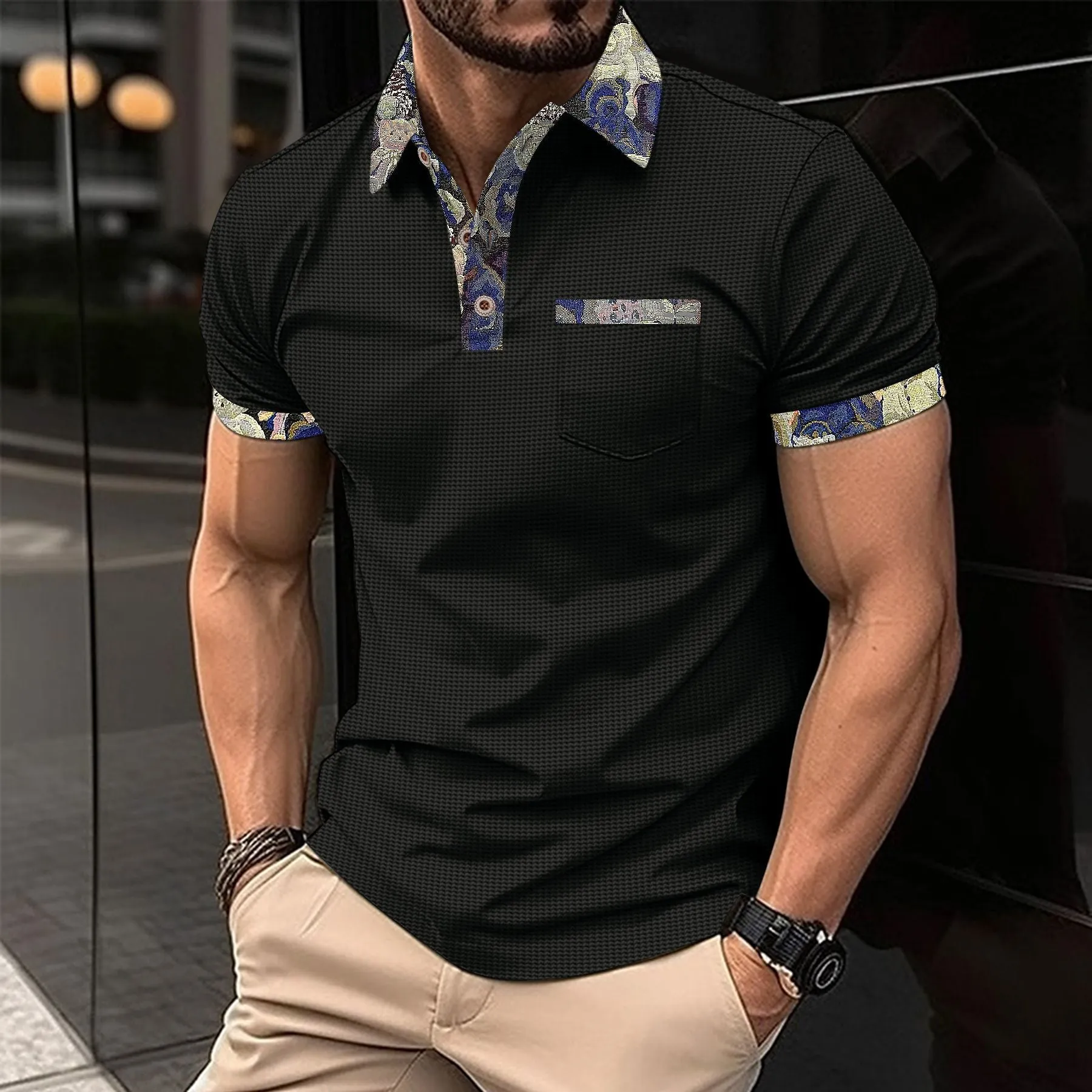 Men's Color Block Waffle Knit Pocket Short Sleeve Polo Shirt