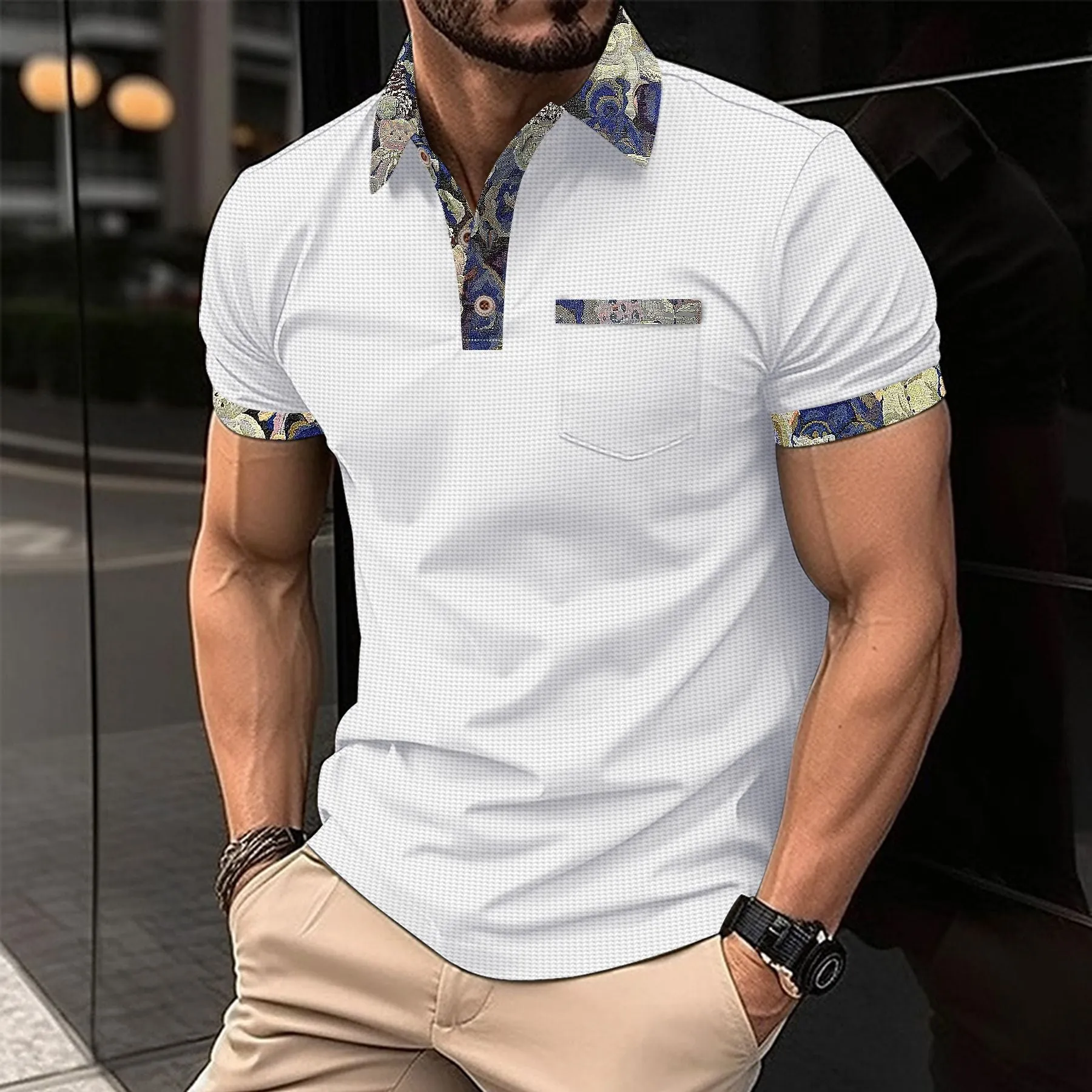 Men's Color Block Waffle Knit Pocket Short Sleeve Polo Shirt