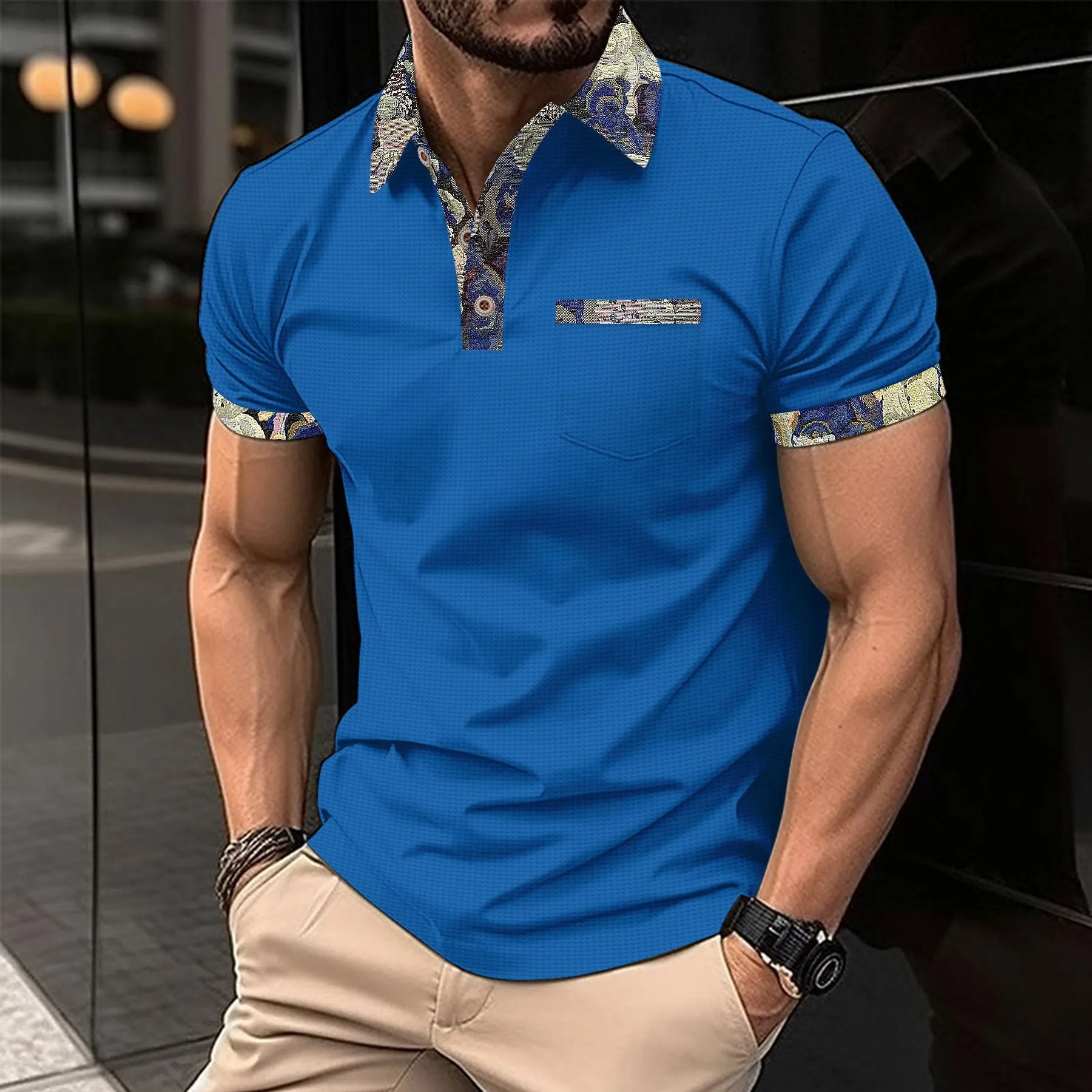 Men's Color Block Waffle Knit Pocket Short Sleeve Polo Shirt