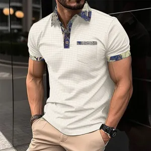 Men's Color Block Waffle Knit Pocket Short Sleeve Polo Shirt