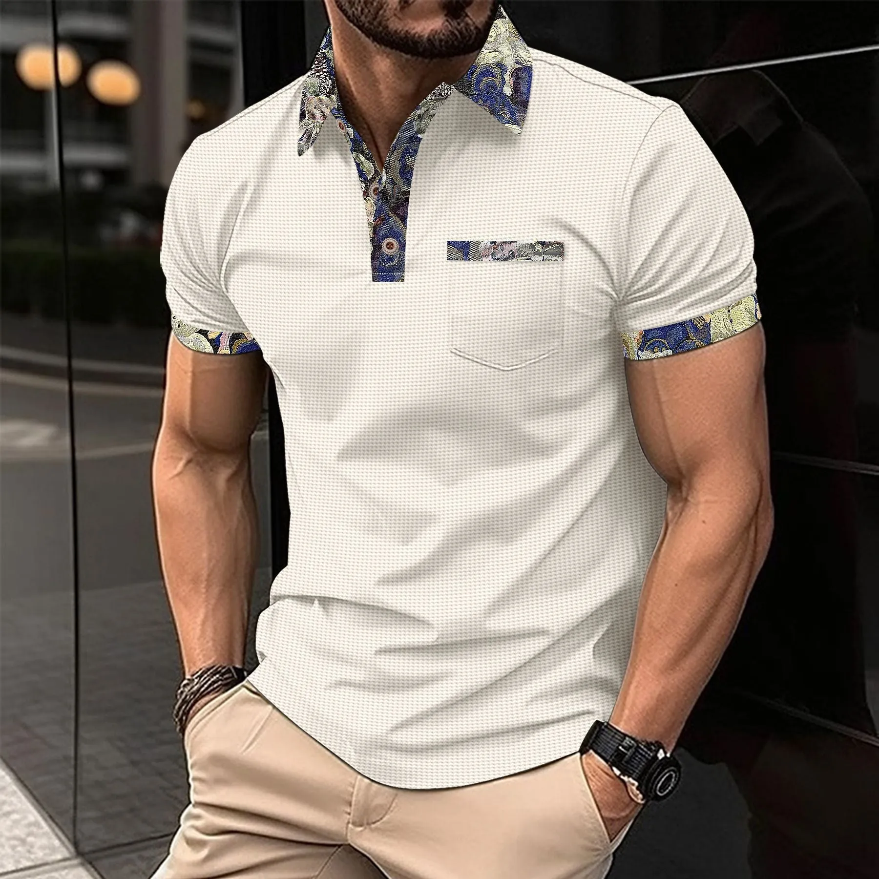 Men's Color Block Waffle Knit Pocket Short Sleeve Polo Shirt