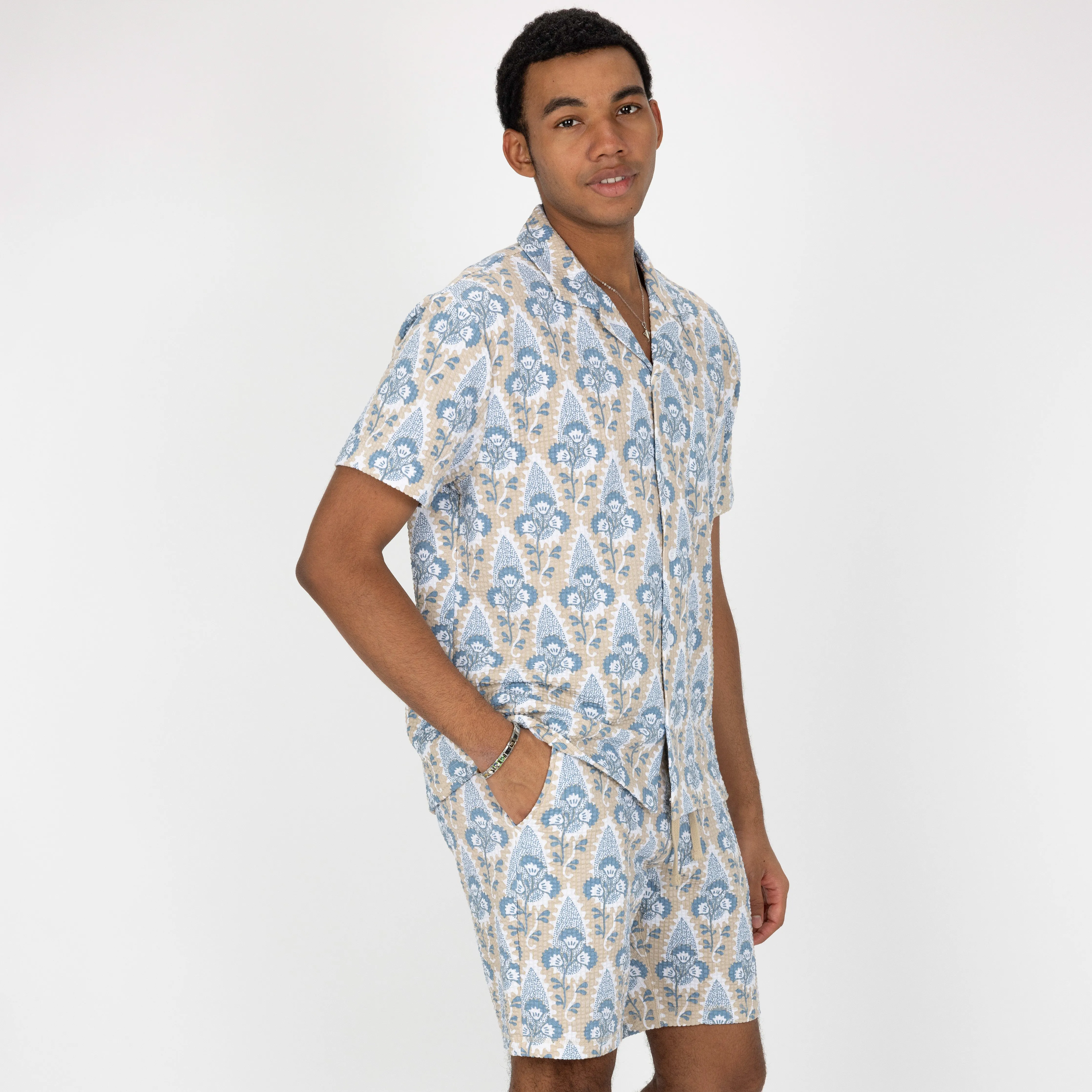 Mens Cool Knit Seersucker Camp Shirt - Ancient Scroll