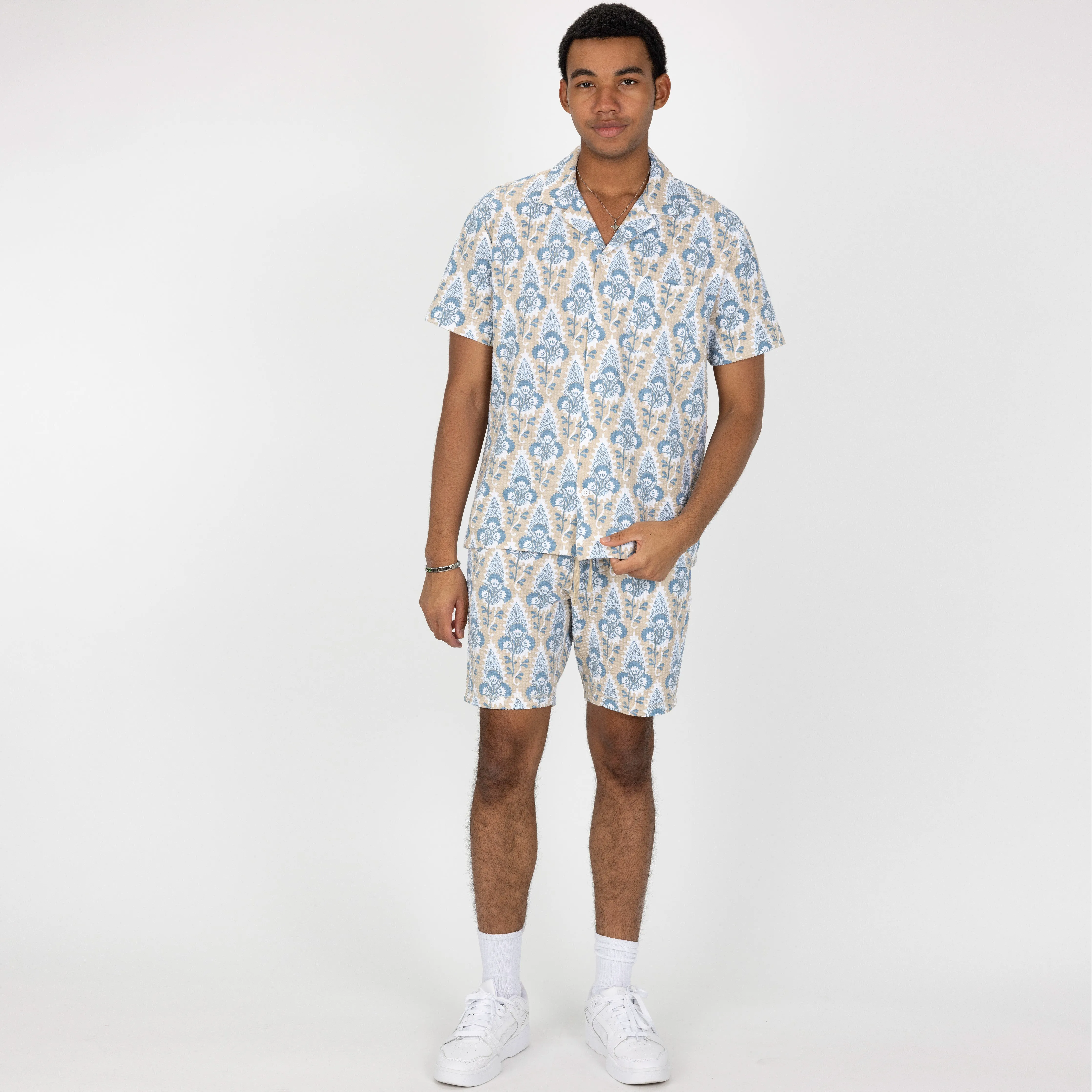 Mens Cool Knit Seersucker Camp Shirt - Ancient Scroll