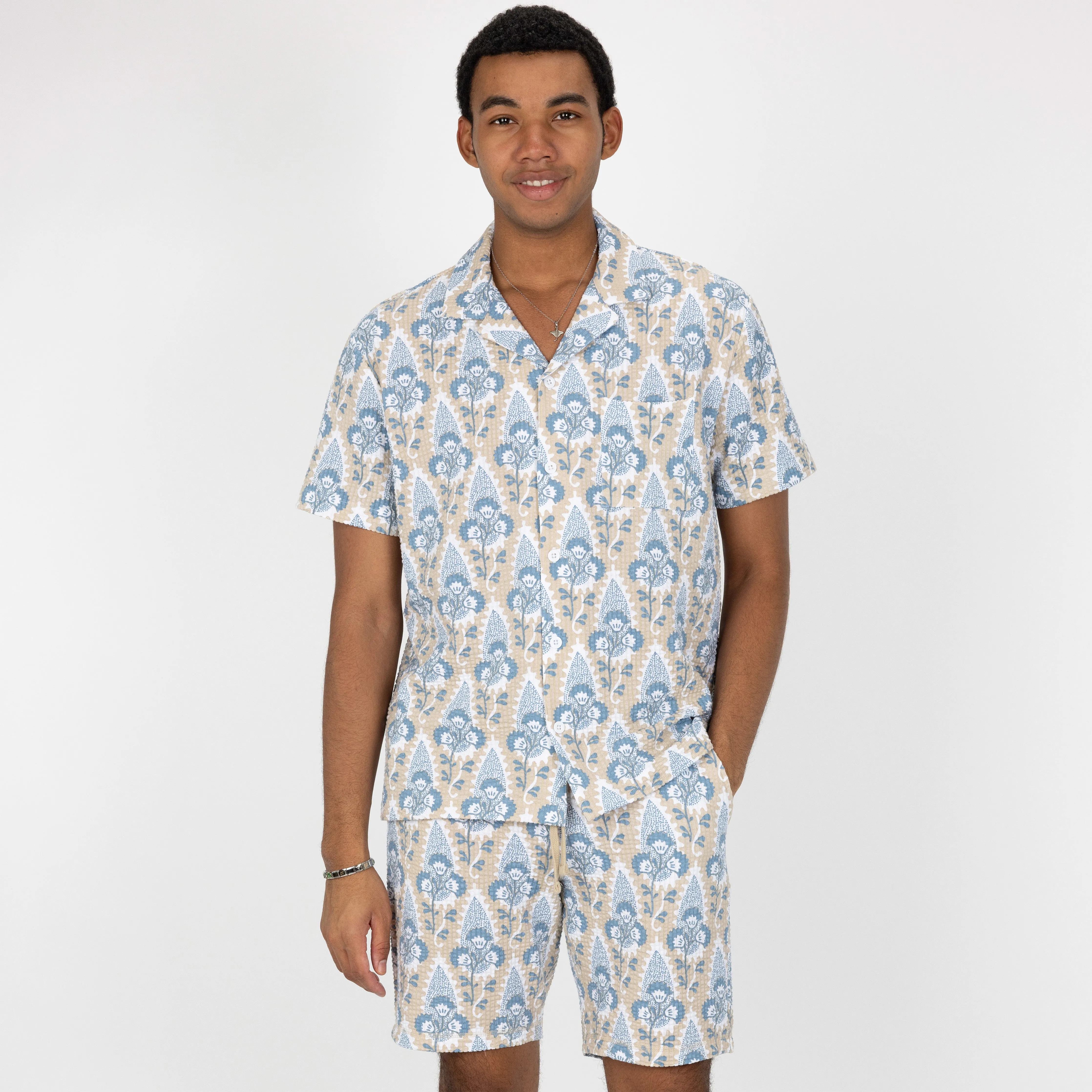 Mens Cool Knit Seersucker Camp Shirt - Ancient Scroll