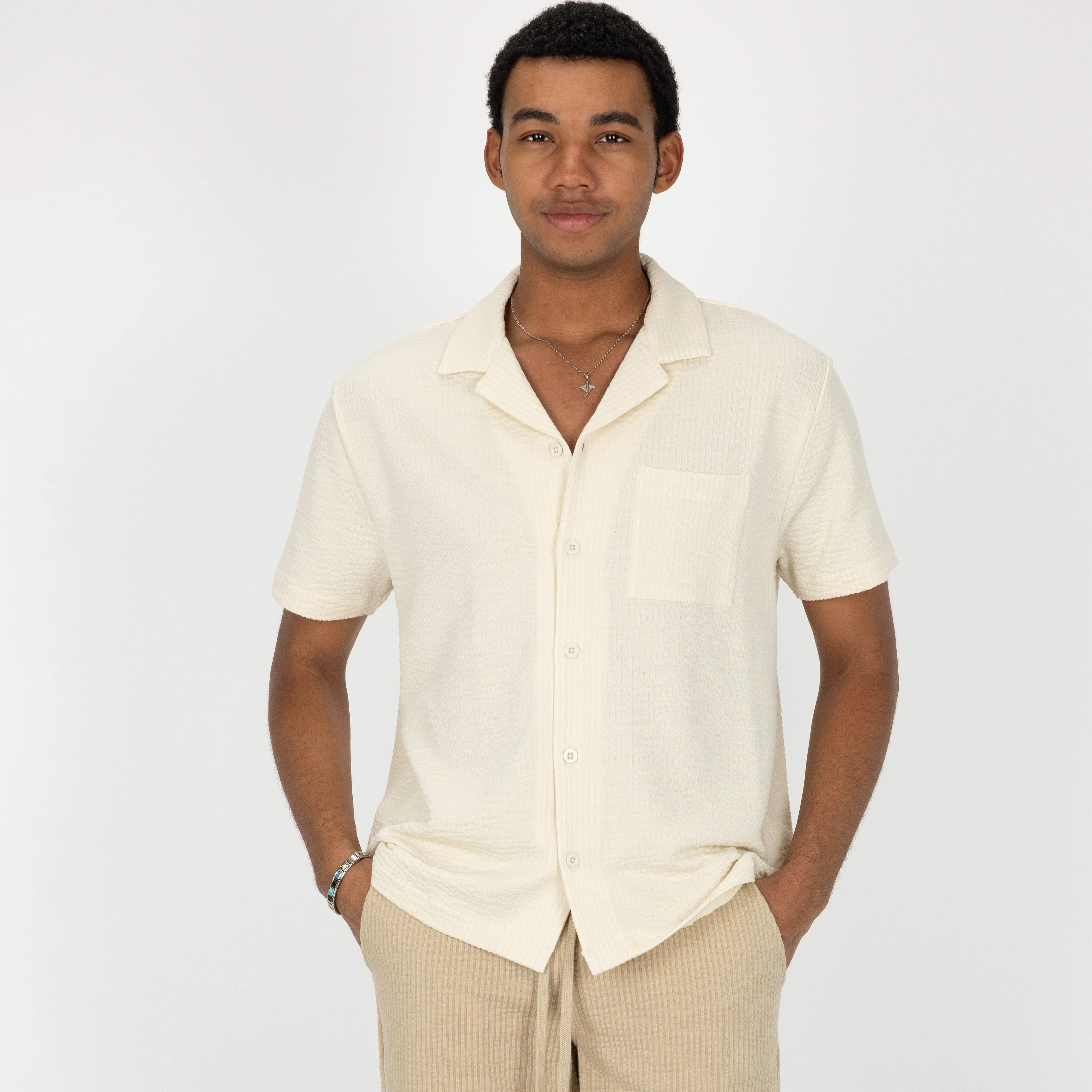 Mens Cool Knit Seersucker Camp Shirt - Tofu