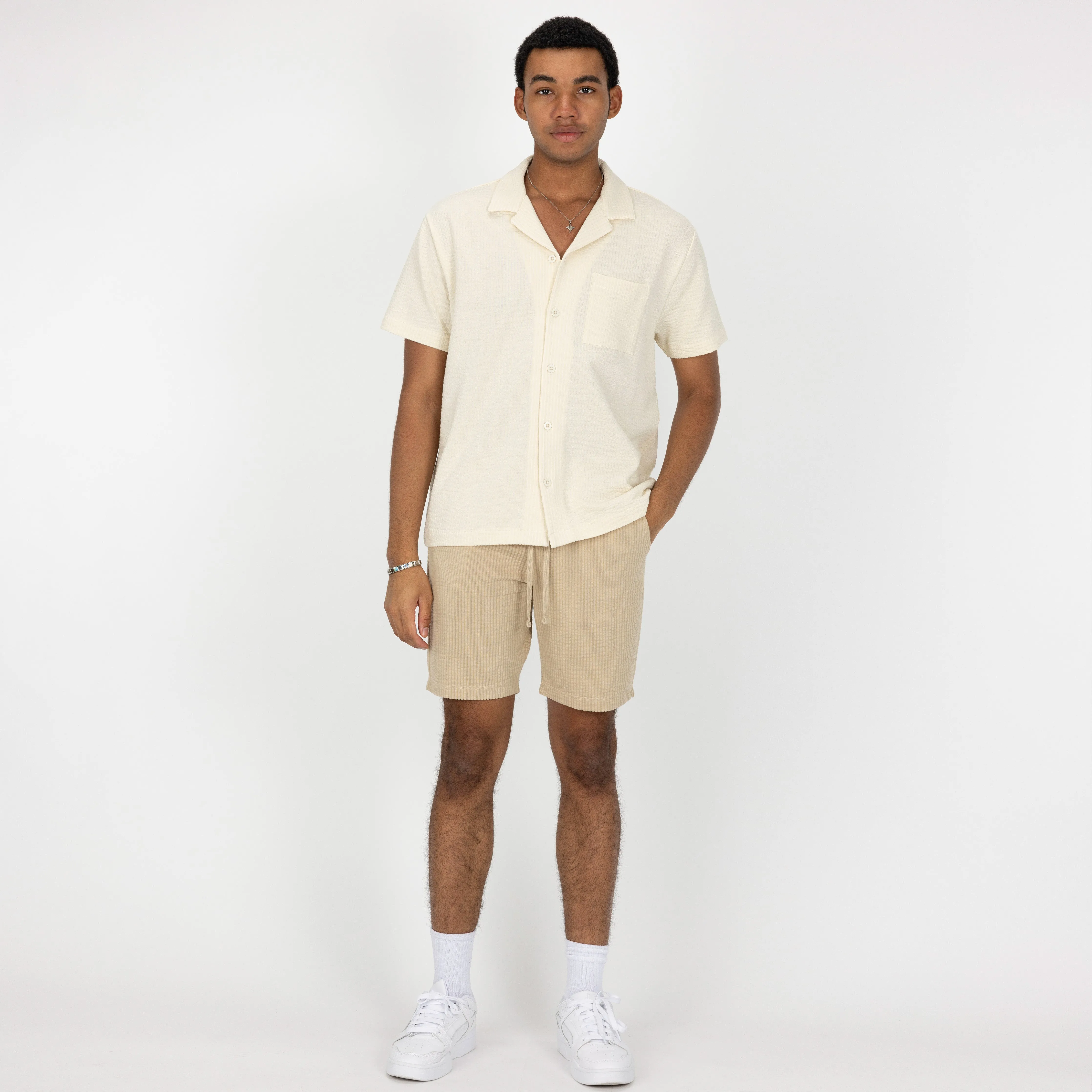 Mens Cool Knit Seersucker Camp Shirt - Tofu