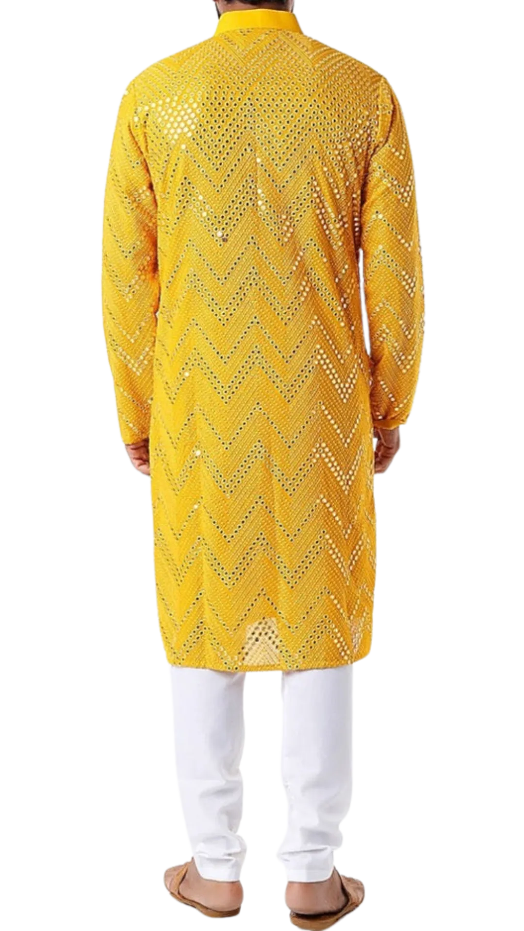 Mens Deep Yellow Kurta with Mirrored Embroidery