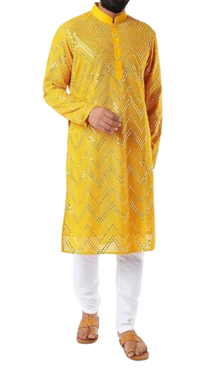 Mens Deep Yellow Kurta with Mirrored Embroidery