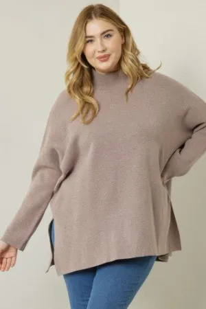 Mocha Mock Neck Cozy Pullover with Side Slits