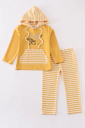 Mustard Happy New Year Embroidery Boy Hoodie Set