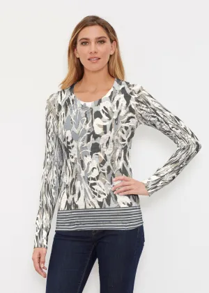 Mystic Floral Stripe Grey (19170) ~ Thermal Long Sleeve Crew Shirt