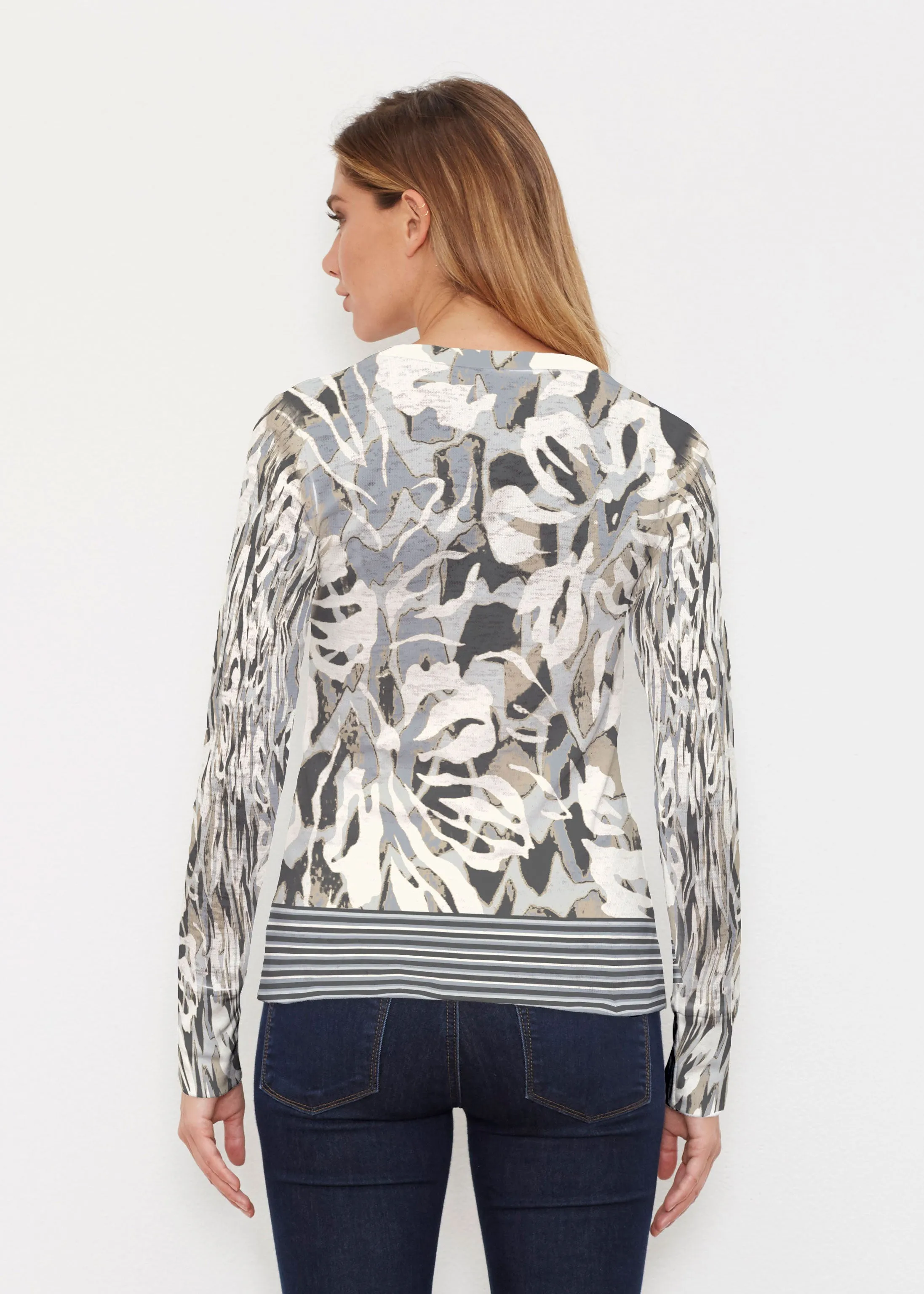 Mystic Floral Stripe Grey (19170) ~ Thermal Long Sleeve Crew Shirt