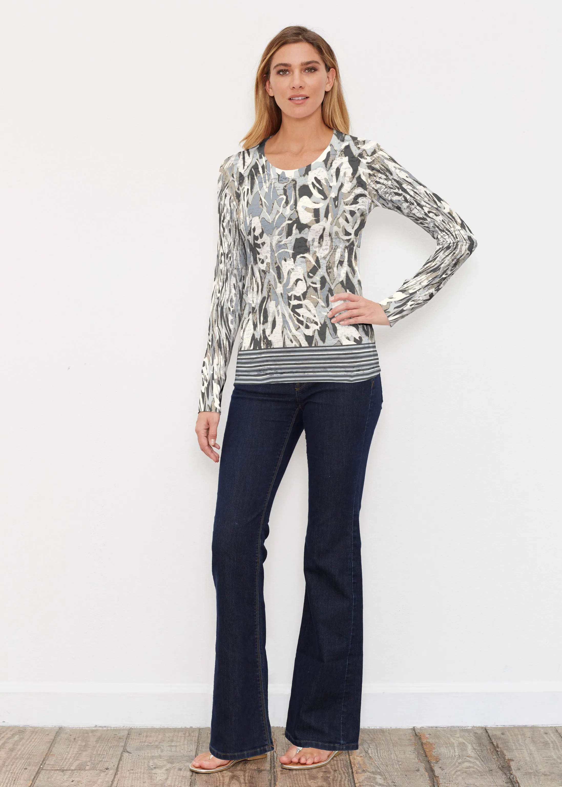 Mystic Floral Stripe Grey (19170) ~ Thermal Long Sleeve Crew Shirt