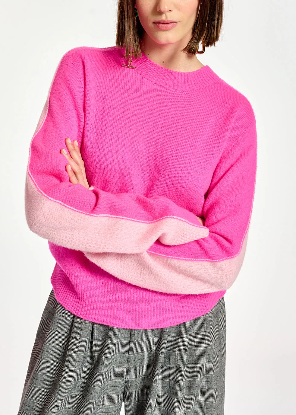 Neon pink and light pink merino-cashmere knit sweater