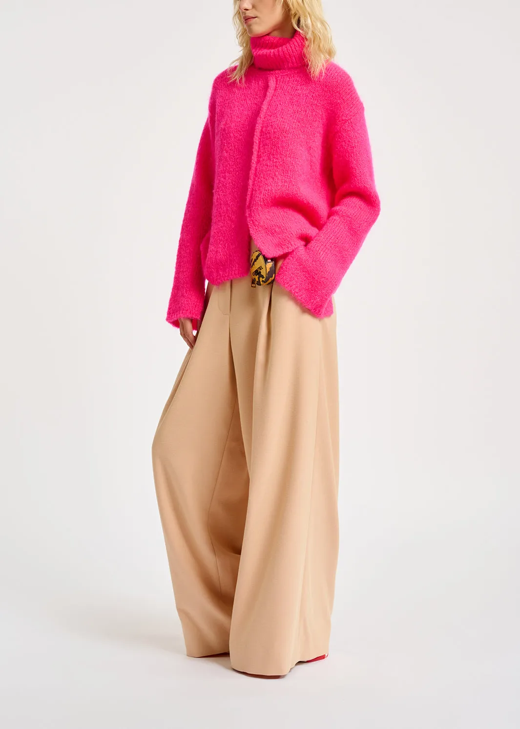 Neon pink mohair-blend turtleneck sweater