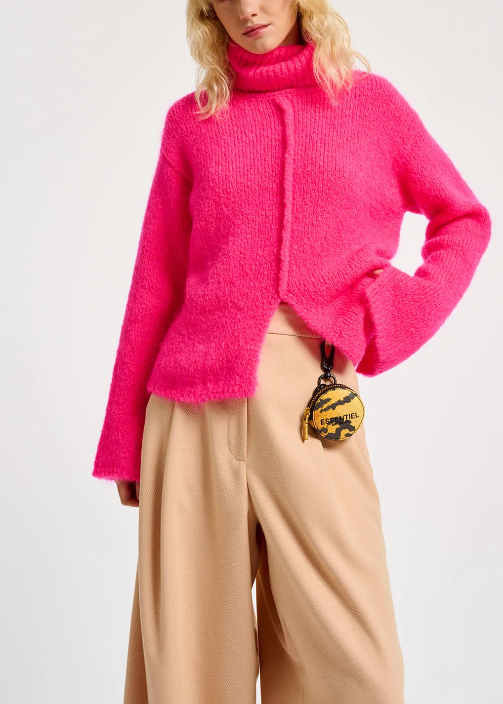 Neon pink mohair-blend turtleneck sweater