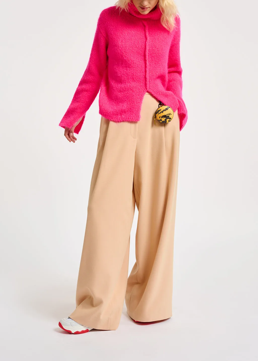 Neon pink mohair-blend turtleneck sweater