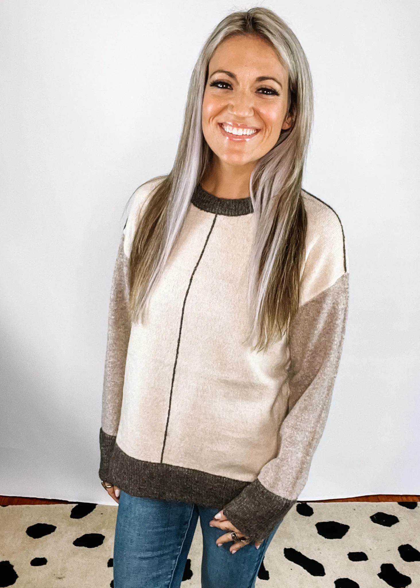 Oatmeal Color Block Contrast Line Detail Crew
