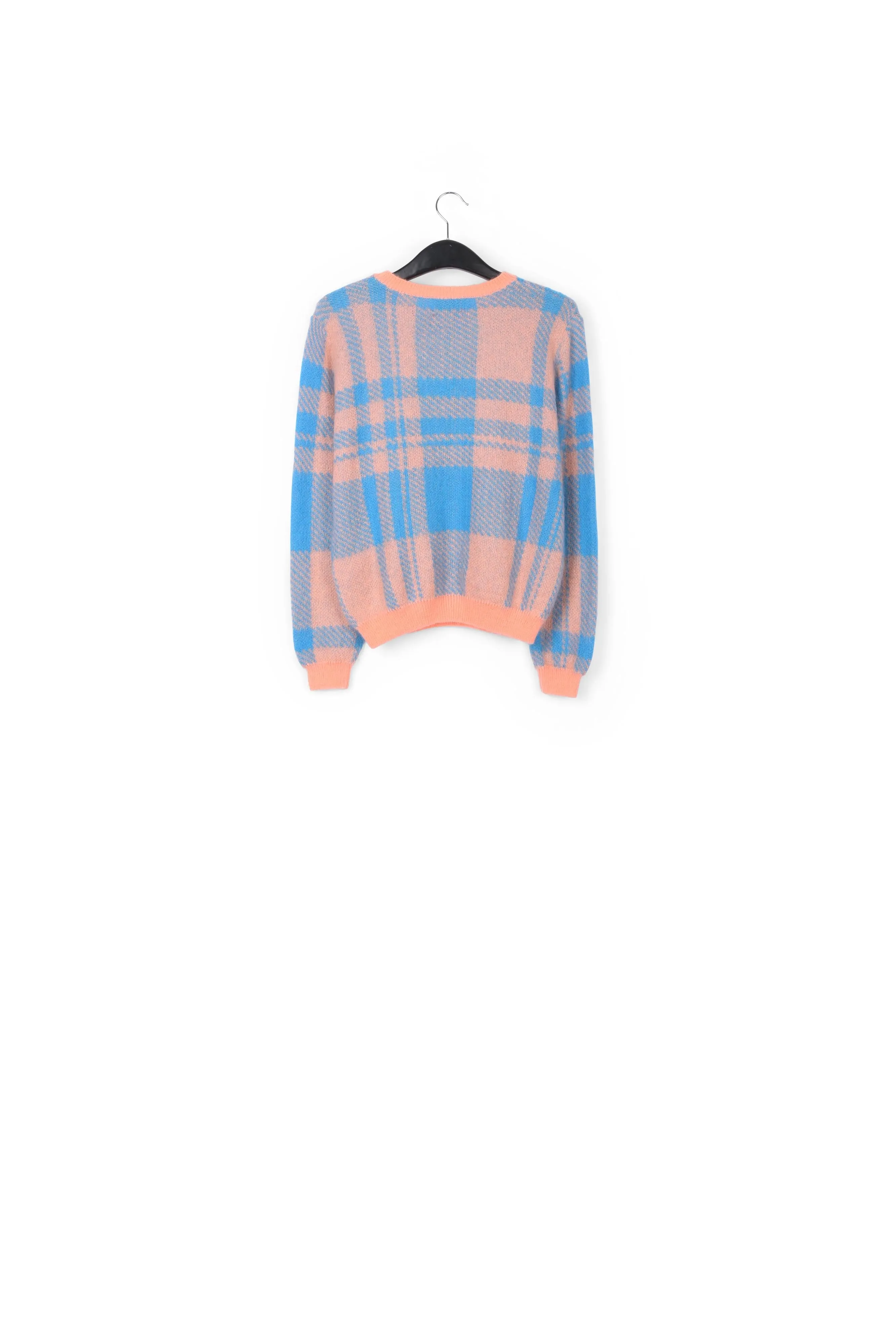 Peach and blue soft mohair plaid sweater